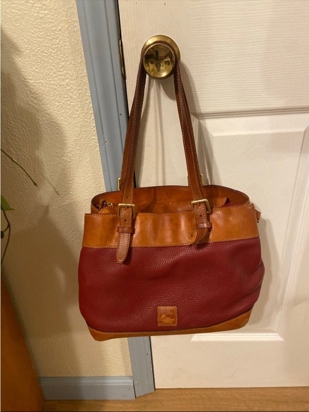 Dooney & Bourke Burgundy and Tan Leather Shoulder Tote